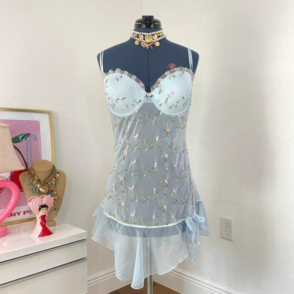 Fairy Floral Light Blue Slip Dress Vintage 2000s Slip Lingerie